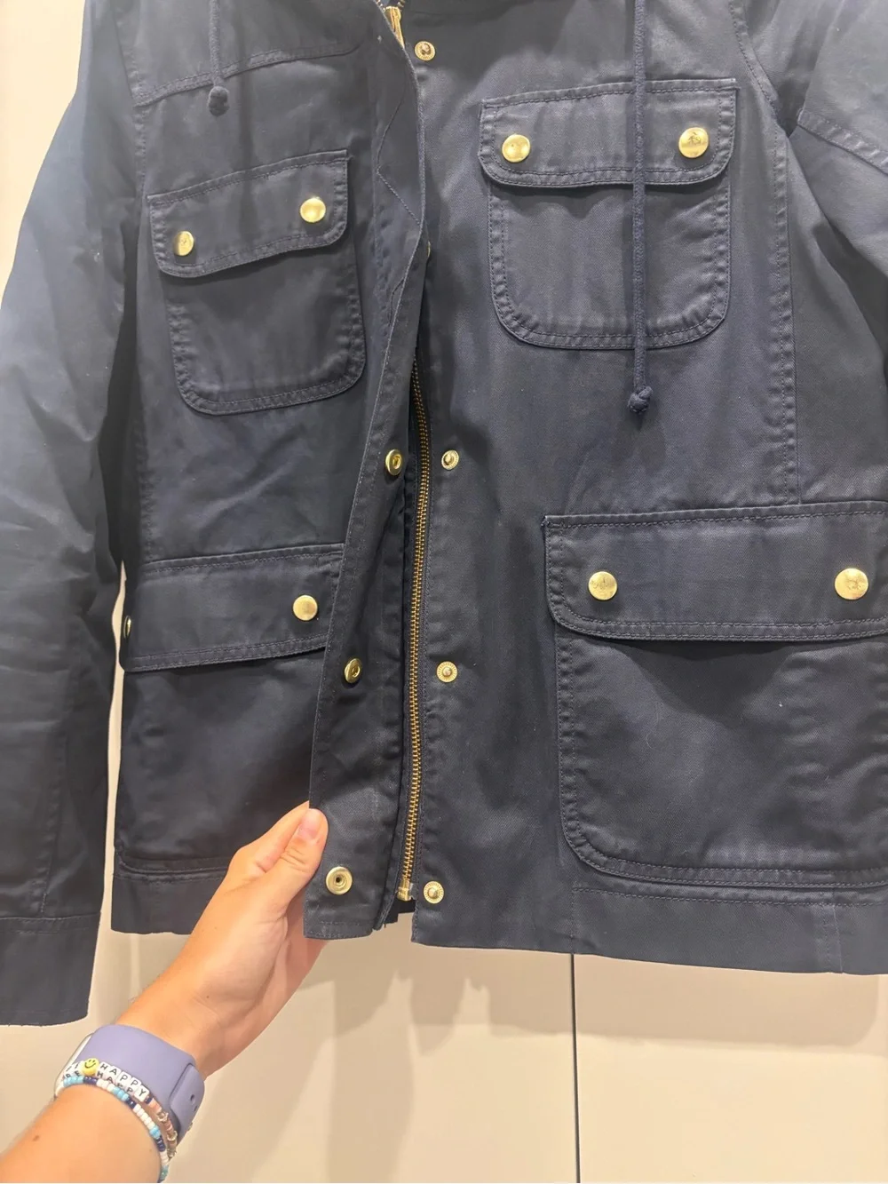 J. Crew Navy Hooded Utility Jacket with Gold-Tone Buttons